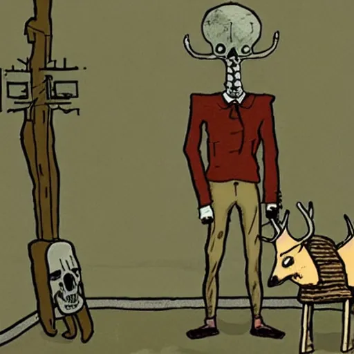 Prompt: creepy screenshot from rusty lake, man wearing a deer skull, dark, disturbing, ominous