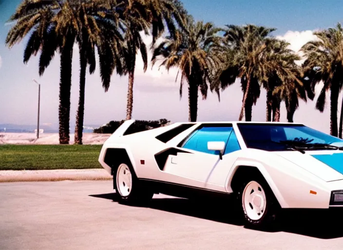 Prompt: a white lamborghini countach. palms and blue sky in the background. 8 0's style. purpur to pink gradient