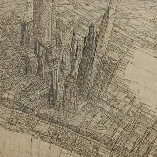 Prompt: sketches of New York City drawn by Leonardo DaVinci on stained and crumbled paper, highly detailed, intricate, high quality scan