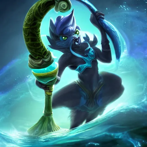 Image similar to highly detailed photograph of fizz the tidal trickster from league of legends, with his staff, realistic, male, extremely detailed, aesthetic, masterpiece, high quality