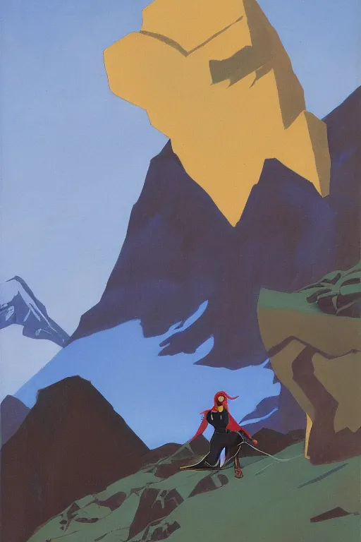 Image similar to black widow ( natasha romanova ) on mountains, marvel, artwork by nicholas roerich,