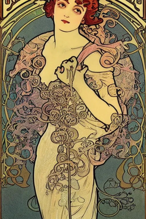 Prompt: beautiful art nouveau painting of princess peach by mucha