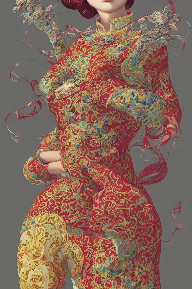 Image similar to cheongsam, by martine johanna and simon stalenhag and chie yoshii and casey weldon and wlop, ornate, dynamic, particulate, rich colors, intricate, elegant, highly detailed, centered, artstation, smooth, sharp focus, octane render, 3 d