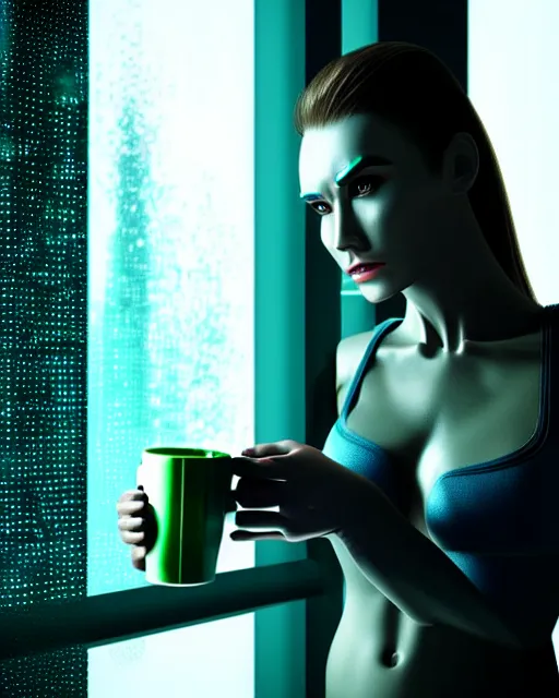 Prompt: a terminator cyborg lady with borg implants and a gorgeous human face is drinking coffee near a window with dystopian city visible outside. tiny green led lights in her cybernetics. very detailed 8 k. horror cyberpunk style.