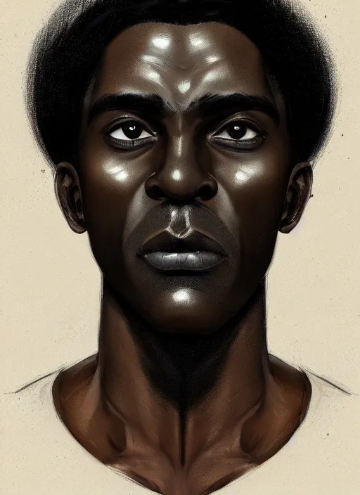 Prompt: portrait of a dark skinned man with a crooked nose and a confident expression, 1 9 6 0 s, black clothes, goth, punk, funk, intricate, elegant, highly detailed, digital painting, artstation, concept art, smooth, sharp focus, illustration, art by wlop, mars ravelo and greg rutkowski
