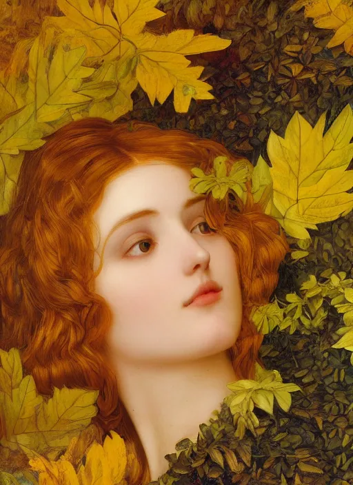 Image similar to masterpiece beautiful seductive flowing curves preraphaelite face portrait amongst leaves, extreme close up shot, straight bangs, thick set features, yellow ochre ornate medieval dress, raven, laying amongst foliage mushroom forest circle arch, frederic leighton and kilian eng and rosetti, 4 k