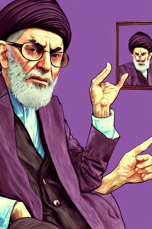 Image similar to angry ali khamenei, with index finger, clearest image, cleanest image, parallel content, hyperrealistic anatomy body content, violet polsangi pop art, gta chinatown wars art style, extreme quality masterpiece, bioshock infinite art style, incrinate, 2 color, white frame, content balance proportion