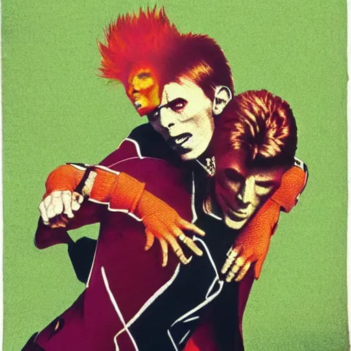 Prompt: david bowie from changes giving a piggy back ride to ziggy stardust. in the style of hans baldung.