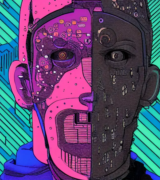 Prompt: a cyberpunk man with a glitching patchwork face of various ethnicities, Industrial Scifi, detailed illustration, character portrait, by Martin Grip and Moebius