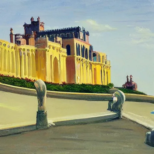 Image similar to street art. paralyzed by the indescribable beauty of the cosmos. amazing view of the palacio da pena. art style by edward hopper daring, incredible