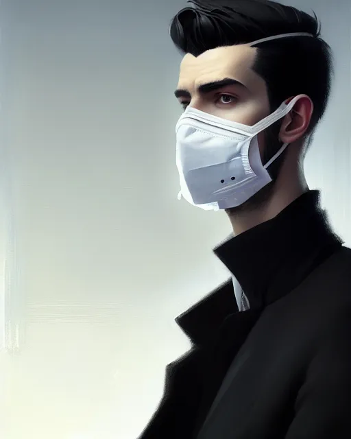 Image similar to a ultradetailed beautiful panting of a european young man wearing black medical mask and black long coat, by ilya kuvshinov, greg rutkowski and makoto shinkai, trending on artstation