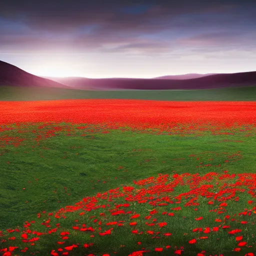 Prompt: ultra wide angle landscape portrait :: six muscular photorealistic white horses run wildly in the wind across a vast field of poppies at twilight :: styles by John Frederick Herring, Susan Crawford, Rosa Bonheur, Jacques-Louis David, and John Collier :: matte painting, ultra-realistic, laser sharp, 8K, Octane Render, Unreal 5, volumetric twilight, cinematic, God light shafts