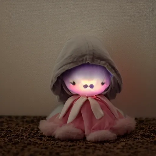 Prompt: cute fumo plush wraith girl lit by a flashlight, grainy found footage, trail cam footage, bokeh f / 2. 5, vray