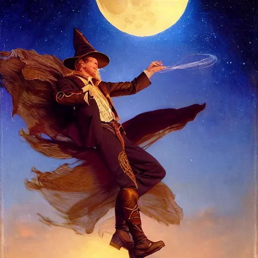 Image similar to attractive male witch magically flying trough the night, fantasy, full moon in background. highly detailed painting by gaston bussiere, craig mullins, j. c. leyendecker, mid shot, 8 k