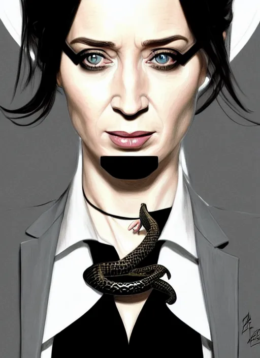 Image similar to portrait of emily blunt with snake eyes as business woman, black suit, white shirt, black tie, intricate, headshot, highly detailed, digital painting, artstation, concept art, sharp focus, cinematic lighting, illustration, art by artgerm and greg rutkowski, alphonse mucha, cgsociety