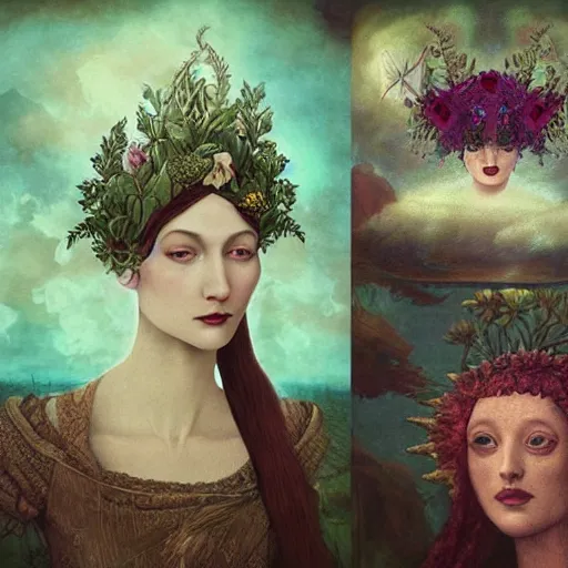 Image similar to a detailed portrait of young woman in renaissance dress and a surreal renaissance headdress, very surreal garden, cyberpunk, surreal tea party, strange creatures, by christian schloe and botticelli, naotto hattori, amy sol, roger dean, moody colors