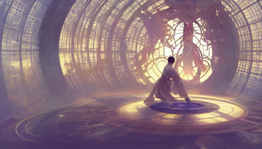 Prompt: a religious scifi room, monk doing tai chi on a floating circular platform in the center, symmetrical shot, center framing, elegant, cinematic shot, intricate digital painting artstation concept art smooth sharp focus illustration, art by artgerm and greg rutkowski and alphonse mucha