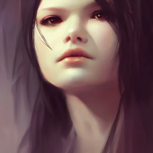 Image similar to a cute and beautiful girl by ruan jia, 8 k, closeup headshot, smooth, trending on artstation, black long hair, black eyes, movie poster style