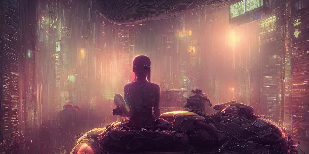 Prompt: a portrait of a meditator, cyberpunk, eeg nodes on scalp, thousands of screens, cinematic, cinema, amazing detail, incredible utopian atmosphere, lush, by moebius and mohrbacher