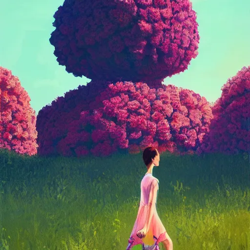 Image similar to giant carnation flower head, woman walking between luxury apartments, surreal photography, sunlight, impressionist painting, digital painting, artstation, simon stalenhag