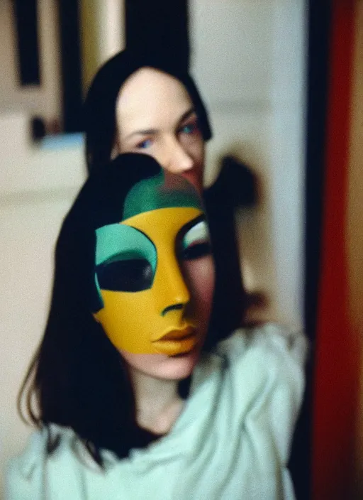 Image similar to a fashion portrait photograph of a woman wearing a plastic mask designed by mark rothko, 3 5 mm, color film camera,