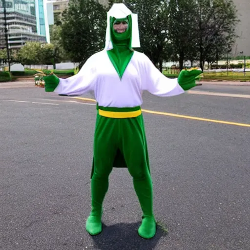 Prompt: a man in an improvised Piccolo costume