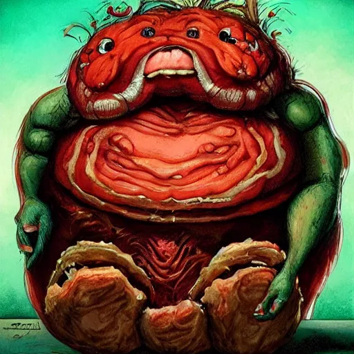 Image similar to insane crazy bloody red skrimp big chungus big eyes wide open, horrific sentient meatloaf, holding meatloaf, sloppy, gross, meatloaf, hyper realistic, terrifying, disturbing, strange, bizarre, masterpiece, meatloaf is everywhere,, liquid, 4 k, vivid colors, elegant, john park, frazetta, john howe, ruan jia, jeffrey catherine jones