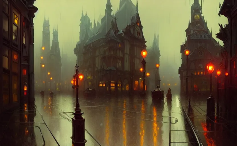 Image similar to an old victorian city with rainy atmosphere and moody and cinematic lighting by alphonse mucha, simon stalenhag and darek zabrocki, cinematic and atmospheric, concept art, artstation, trending on artstation