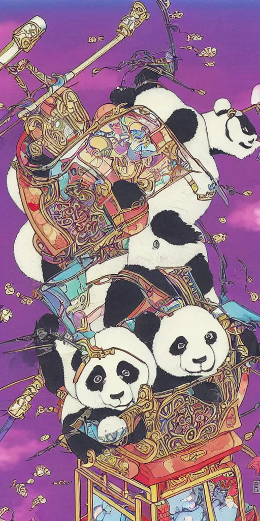 Image similar to a chariot drawn by pandas in japan, 1990s anime, full color, tarot card the chariot,