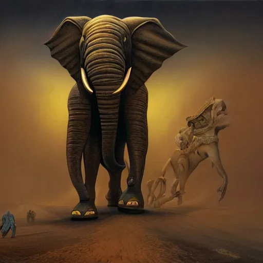 Prompt: A steampunk large elephant-like creature follows a man down a desolate road, in the style of Zdzisław Beksiński