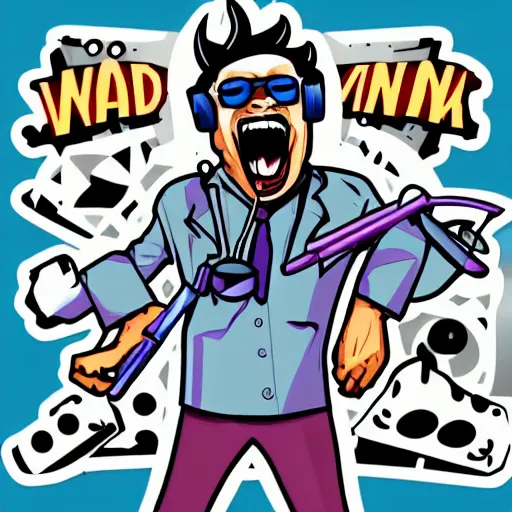 Image similar to svg vector sticker of absolutely insane-mad-scientist-villain, rocking out, wearing headphones, huge speakers, dancing, rave, DJ, spinning records, digital art, amazing composition, rule-of-thirds, award-winning, trending on artstation, featured on deviantart