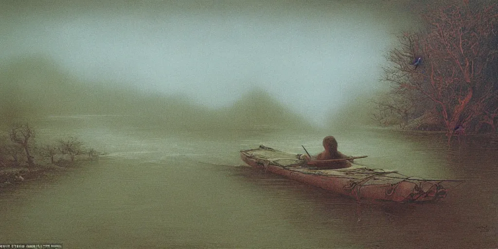 Image similar to A very detailed painting in the style of Beksinski featuring a river in Europe surrounded by trees and fields. A rubber dinghy is slowly moving through the water. Sun is shining