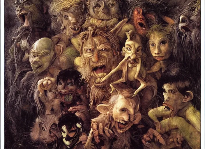 Image similar to jim henson's labyrinth. five goblins. by edgar maxence and caravaggio and michael whelan and delacroix style, artistic