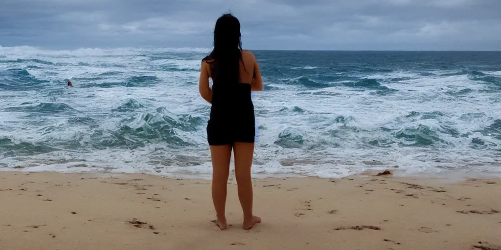 Image similar to girl looking at the ocean waves, superwide angle, zoom out, Leon Bosko style