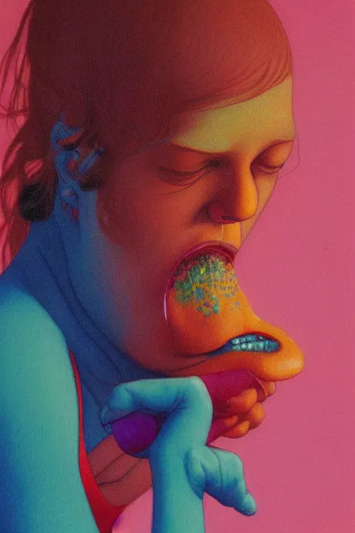 Prompt: a colorful vibrant closeup portrait of a simple girl licking a tab of LSD acid on his tongue and dreaming psychedelic hallucinations, by kawase hasui, moebius, Edward Hopper and James Gilleard, Zdzislaw Beksinski, Steven Outram colorful flat surreal design, hd, 8k, artstation