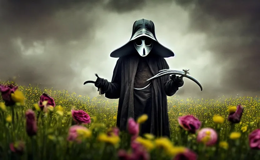 Image similar to a extremely disturbing old forgotten horror photograph of a plague doctor in a field of flowers, hyperrealism, sharp focus, highly detailed, horror cgi 4 k, matte, octane render, cinematography, photo by professional photographer