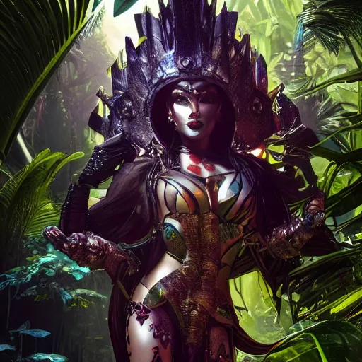 Image similar to mystical evil android queen with obsidian eyes, wearing an elaborate helmet, in a jungle, octane render, 8 k, unreal engine, by todd mcfarlane and artgerm and greg rutkowski and alphonse mucha