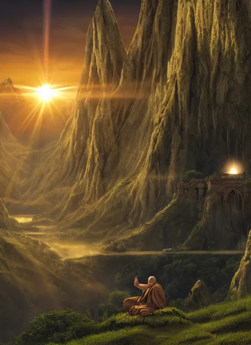 Image similar to a cosmic monk in lord of the rings scenery landscape, looking out at a big tiberian temple complex on a mountain, vast lush valley at sunrise, river, god's rays, highly detailed, vivid color, cinematic lighting, perfect composition, 8 k, gustave dore, derek zabrocki, greg rutkowski, belsinski, octane render