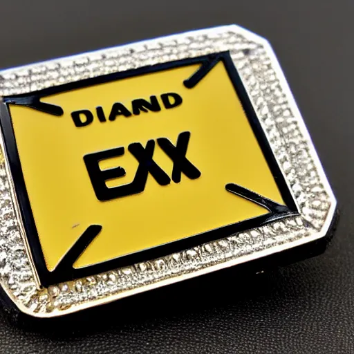 Image similar to a diamond enamel pin depicting a exclamation warning label, smooth curves