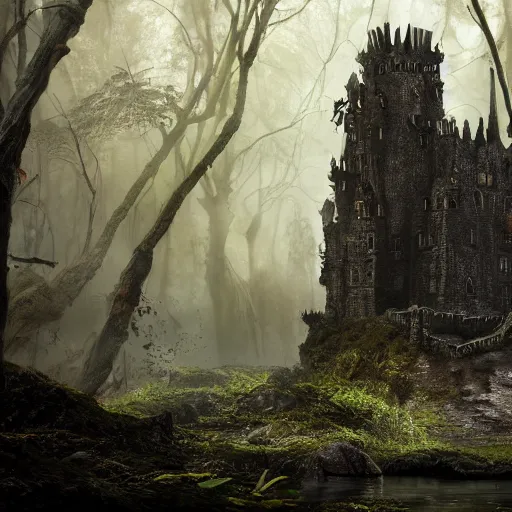 Image similar to full body pose, hyperrealistic photograph of the black castle of rotbog swamp, dim volumetric lighting, 8 k, octane beautifully detailed render, extremely hyper detailed, intricate, epic composition, cinematic lighting, masterpiece, trending on artstation, very very detailed, stunning, hdr, smooth, sharp focus, high resolution, award, winning photo, dslr, 5 0 mm