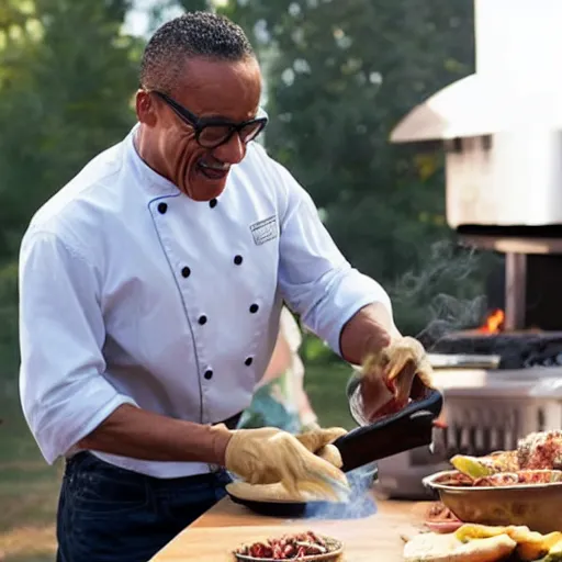 Prompt: gus fring cooking at a family barbecue with no shirt on, laughing out loud