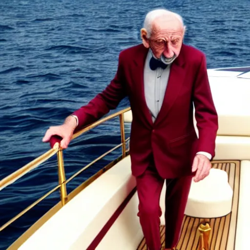 Prompt: wrinkled hunchbacked old man in burgundy suit polishing the side of a gold plated mega yacht
