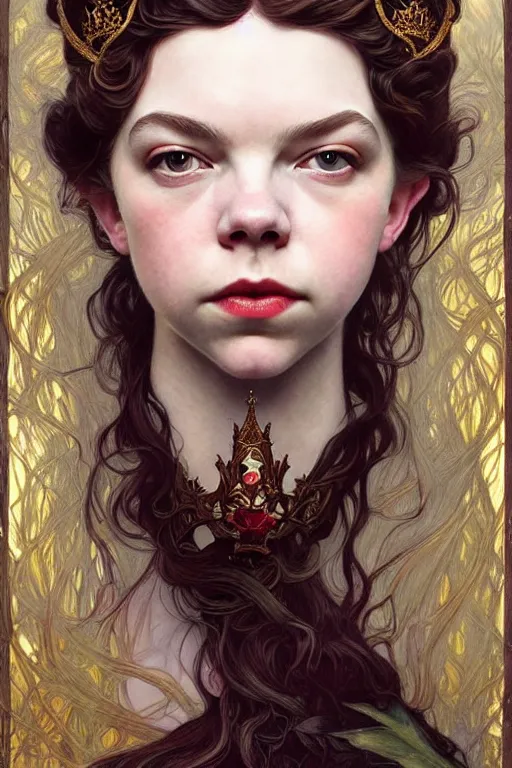 Image similar to queen's gambit!!, beth harmon!! anya taylor - joy!! perfect face!!, fantasy, intricate, elegant, highly detailed, photorealistic, artstation, concept art, smooth, sharp focus, art by john collier and albert aublet and krenz cushart and artem demura and alphonse mucha