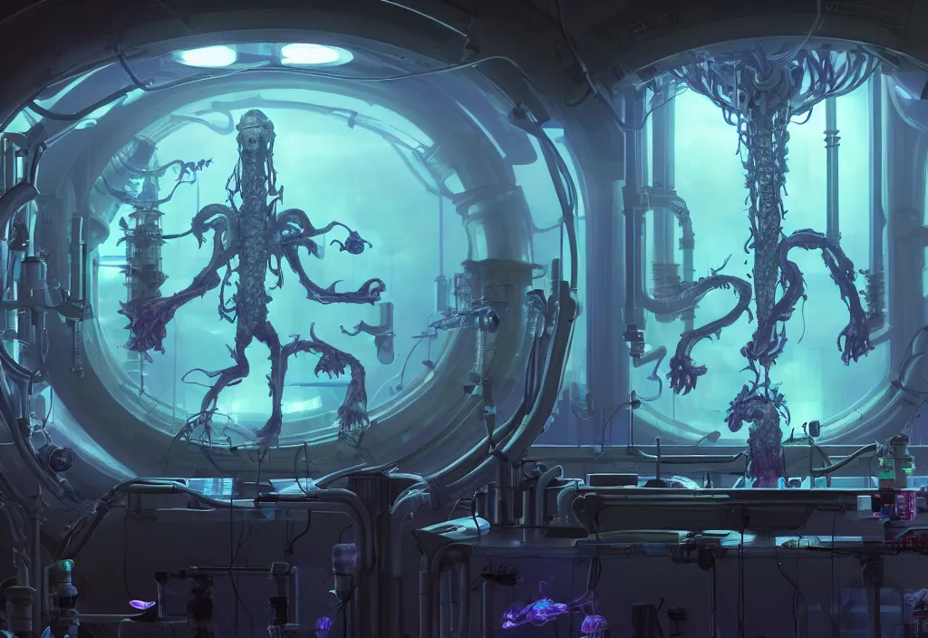 Prompt: a starcraft's zerg inside his bioreactor, being observed by a thin scientist latino male in his biotech lab, from love death and robots ( 2 0 1 9 ). coherent portrait, intricate, elegant, highly detailed, digital photo, trending on artstation, hdr photo, smooth, sharp focus