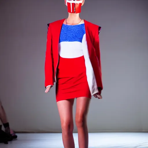 Prompt: brutalist fashion incorporating red white and blue, brutalist fashion show, studio lighting