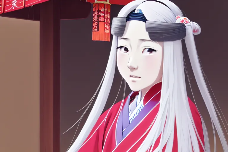 Image similar to portrait of a young japanese girl with long white hair in traditional clothing at a shinto shrine, fine detailed features, trending on pixiv fanbox, ilya kuvshinov makoto shinkai takashi takeuchi studio ghibli, akihiko yoshida, 4 k