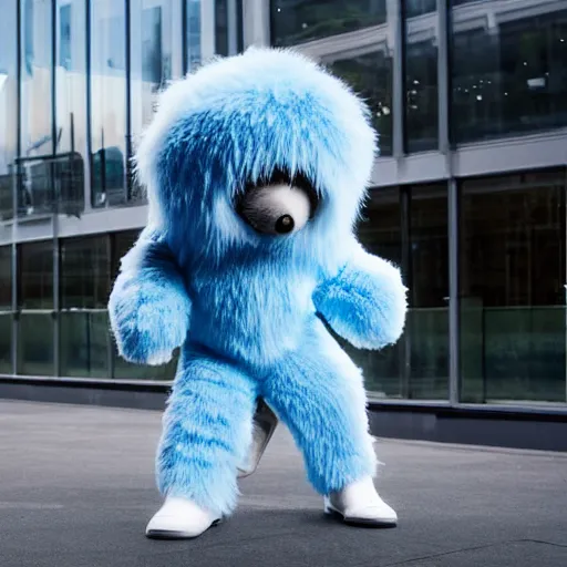 Image similar to nike fluffy mascot made of very fluffy blue faux fur placed on reflective surface, professional advertising, overhead lighting, heavy detail, realistic by nate vanhook, mark miner