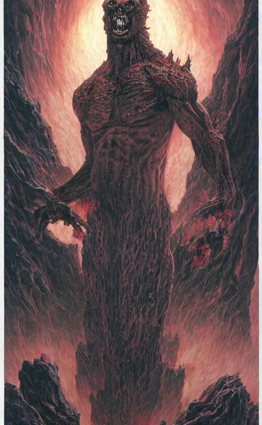 Prompt: a muscular demon rising up out of the fire in the many levels of hell surrounded by dead souls on fire, sense of awe, surreal hellscape by Wayne Barlowe, Pascal Blanche