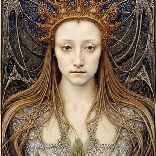 Image similar to detailed realistic beautiful young medieval queen face portrait by jean delville, gustave dore, iris van herpen and marco mazzoni, art forms of nature by ernst haeckel, art nouveau, symbolist, visionary, gothic, pre - raphaelite, fractal lace, surrealityhorizontal symmetry