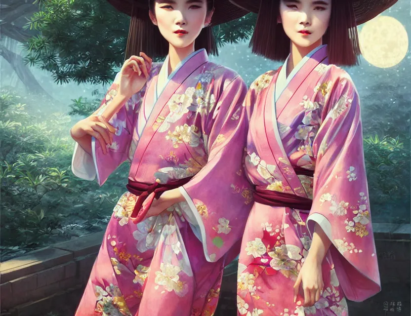 Image similar to two beautiful fashion taiwan girl wear elegant yukata in festival | | big eyes, summer night, realistic shaded, smile, good looking, fine details, 4 k realistic, cryengine, realistic shaded lighting poster by greg rutkowski, magali villeneuve, artgerm, jeremy lipkin and michael garmash and rob rey